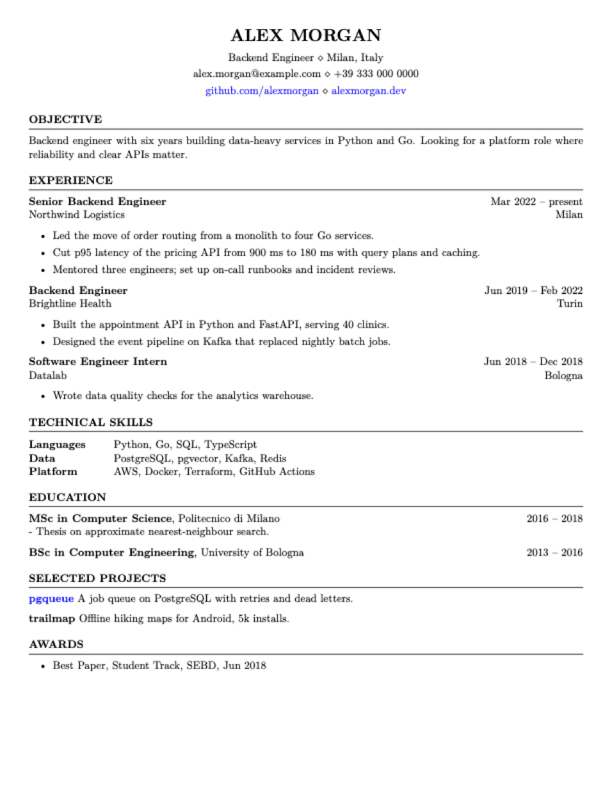 A sample CV in the FAANG template